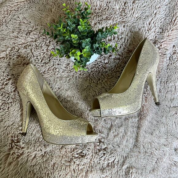 Maripe 'Amaya' Gold Sequin Peep-Toe Holiday Party High Heels Size: 9 - Picture 1 of 15